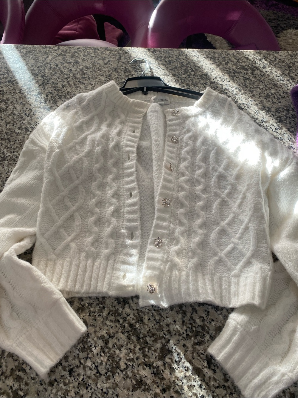 Cropped White Cable-Knit Cardigan with Crystal Buttons